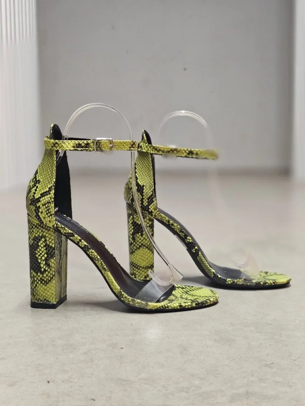 Green Snake Print Heeled Sandals With Clear Strap & Adjustable Ankle Buckle Bloc